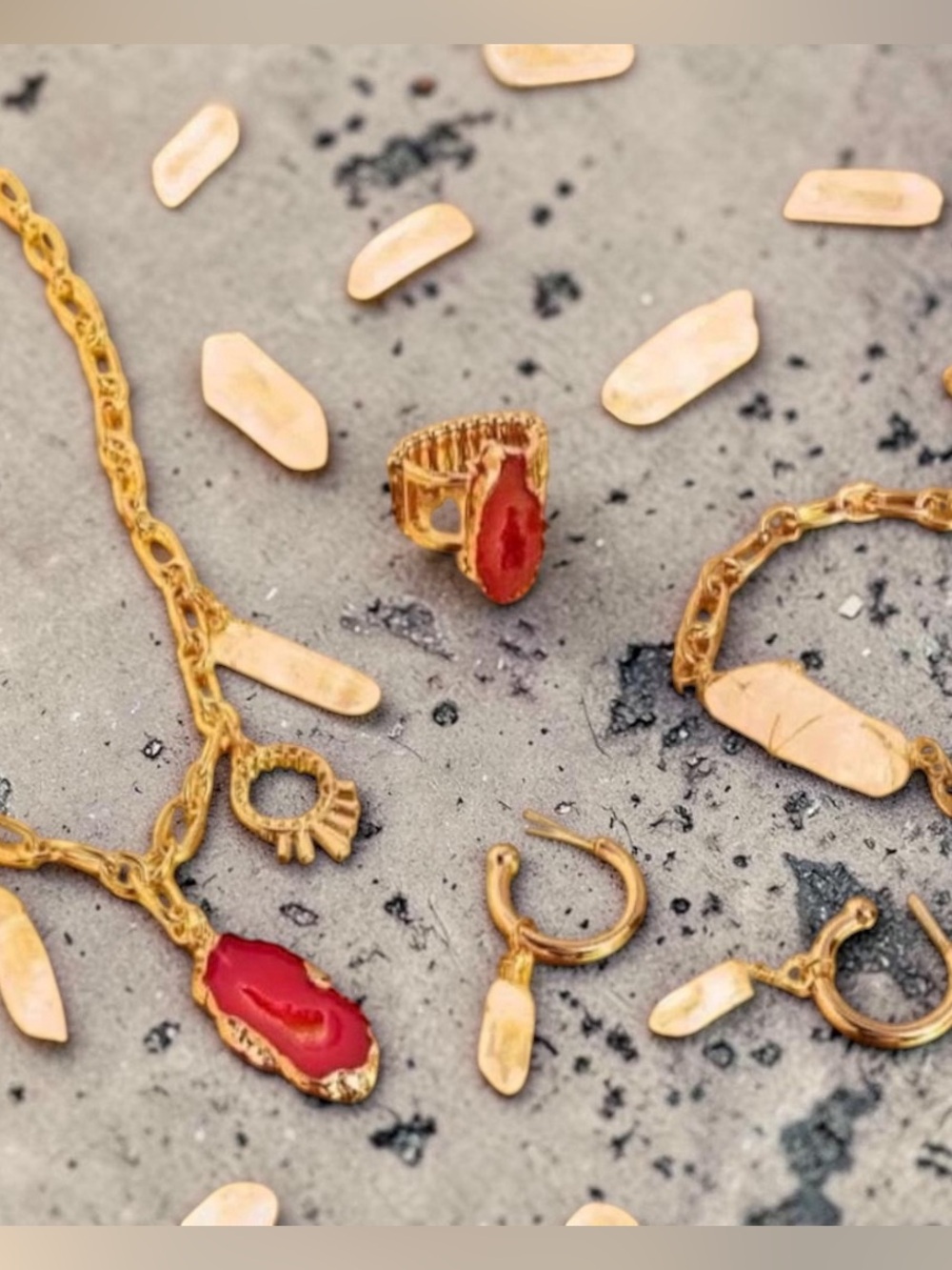 Gold Plated Necklace and Ring Set with Red Agate Accents